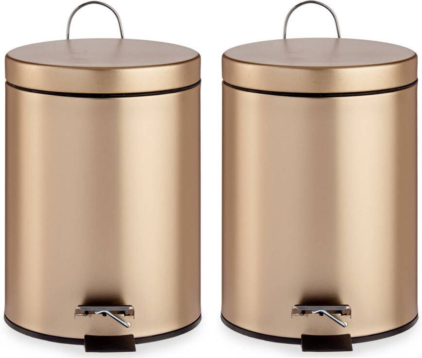 Merkloos 2x Stuks Pedaalemmer/vuilnisbak Metaal 3 Liter Inhoud Goud Kleur Pedaalemmers