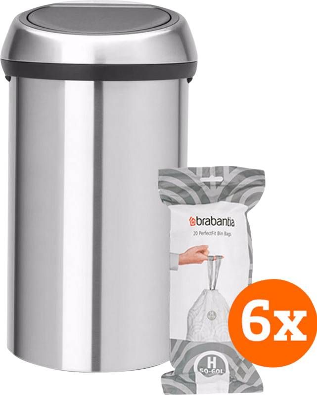 Brabantia Touch Bin 60 Liter Matt Steel + Vuilniszakken(120 stuks )